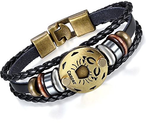 Flongo Lederarmband Horoskop Armband Damen Armkette Herren Armreif, Leder-Armband Armreif Manschette Manschettenknopf Schwarz Gold Golden Horoskop Tierkreis Sternzeichen Sternbild Skorpion