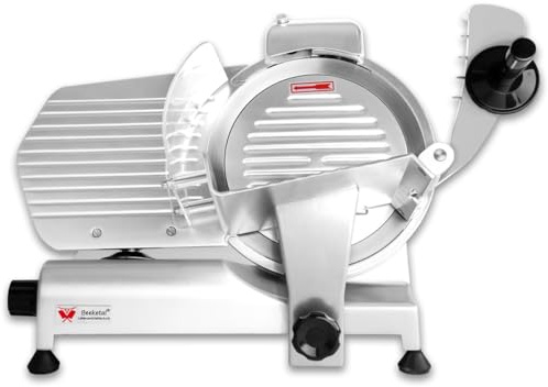 Beeketal 'Profi 250' Aufschnittmaschine mit Ø 250 mm Spezialmesser (glatte Schneide), Schnittstärke 0-10 mm, Aluminium Schrägschneider mit Schnittguthalter, Schubhilfe und Schärfvorrichtung