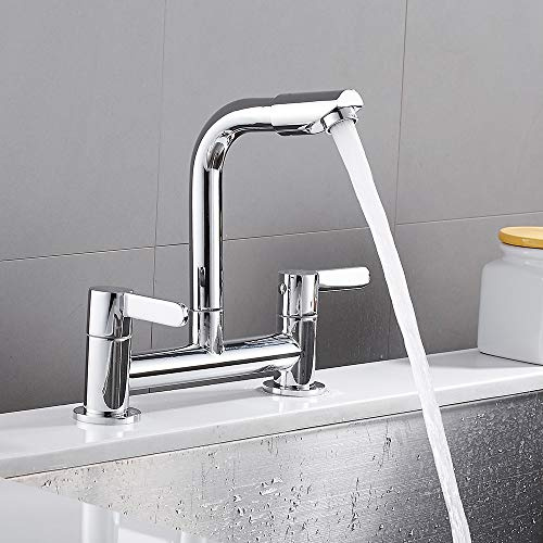 Kitchen Sink Mixer Taps 2 Hole Deck Mounted Twin Lever Chrome 1/4 Turn Modern 360° Swivel Spout Basin Faucet