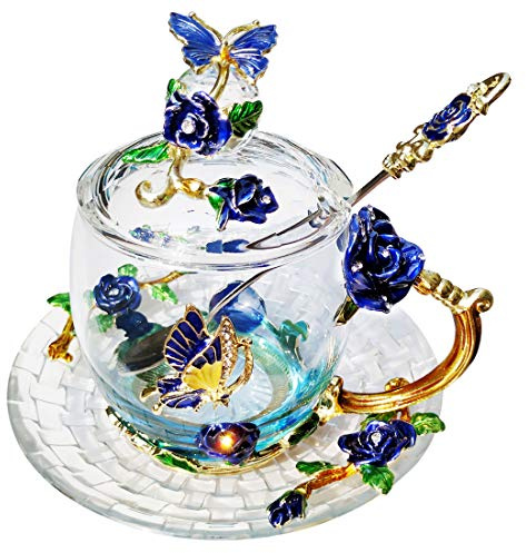 LANTREE Rose Butterfly Glass Tea Cup Coffee Cup with Lid Spoon and Saucer Wedding Anniversary Birthday Gift for Women Mom Sister Girlfriend(330ml Blue)