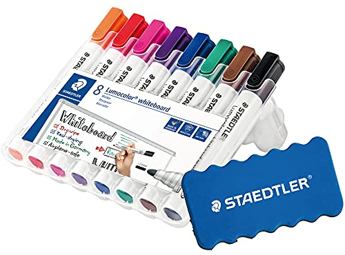 Staedtler Lumocolor 351 WP8 Whiteboard-Marker (Rundspitze ca. 2 mm Linienbreite, Set mit 8 Farben (1 Pack, Löscher)
