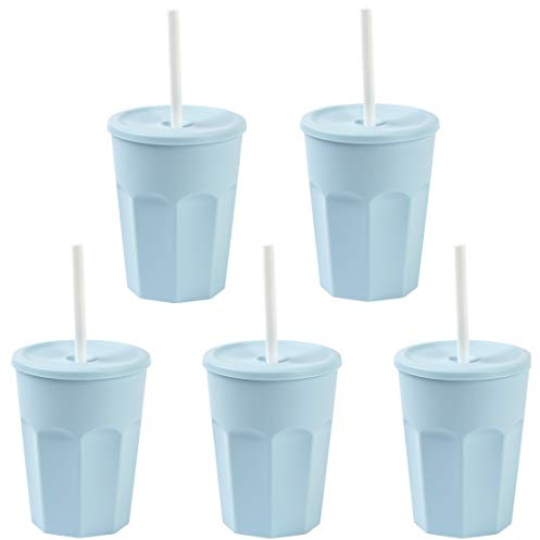 Engelland - 5 x Kunststoffbecher mit Deckel, Hell-Blau, Trinkbecher mit Strohhalm, Party-Becher, Plastik Trink-Gläser, Mehrweg, 0,25 Liter