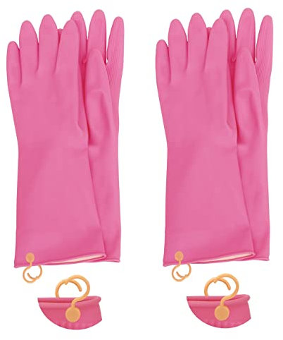 Myungjin (2 Pairs) Reusable Waterproof Household Dishwashing Non-Slip Cleaning Rubber Gloves with Hang-Dry Hook (Small)