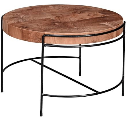 FineBuy Couchtisch Akazie Massivholz rund 62 cm mit Metallgestell · Kleiner Wohnzimmertisch im Baumscheiben Design · Handgefertigt · Industrial & Natur Look Braun