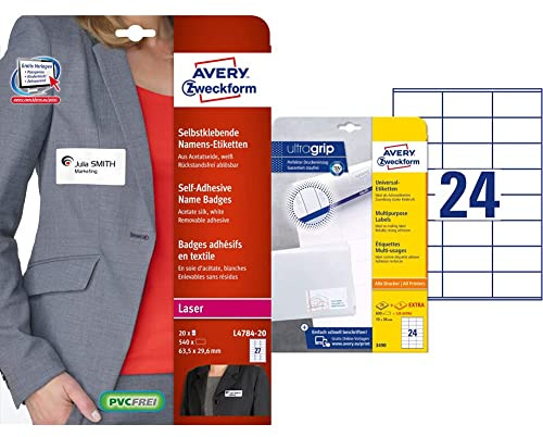 AVERY Zweckform L4784-20 Namensetiketten (540 Namensaufkleber, 63,5x29,6mm auf A4) 20 Blatt, weiß & 3490 Adressaufkleber (600 plus 120 Klebeetiketten extra, 70x36mm auf A4) 30 Blatt, weiß