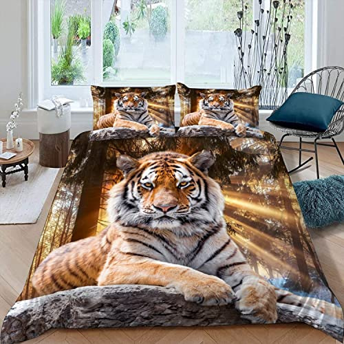 XIWEIER Parure de Lit 3 Pièces Tigre Animal la forêt Housse Couette 200x200 Enfant 2 Personnes 3D Motif avec Fermeture Éclair Hypoallergique Microfibre Taies d'oreiller 50x75 cm, 200x200+50x75cmx2