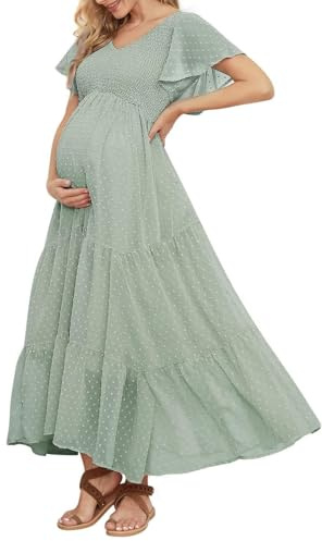 guruixu Abito prémaman in Tessuto Swiss DOT a Pois, con Scollo a V, Maniche a Volant, per Servizi fotografici, Baby Shower, Abito da Gravidanza, a Balze, con Punto Smock, Verde Chiaro, M