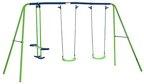 Outsunny Juego de Columpios de Jardín de Metal con Altura Ajustable Columpios para Niños de +3 Años con Columpio Doble Balancín para Patio Terraza 280x140x178 cm Verde