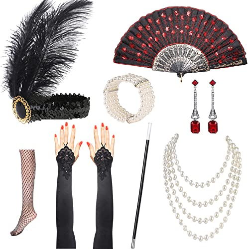 Nabance 20er Jahre Accessoires Gatsby Damen 20er Jahre Kostüm Damen 1920s Kostüm Flapper Set 1920er Zubehör Set Retro Style Stirnband Set-8 Stück
