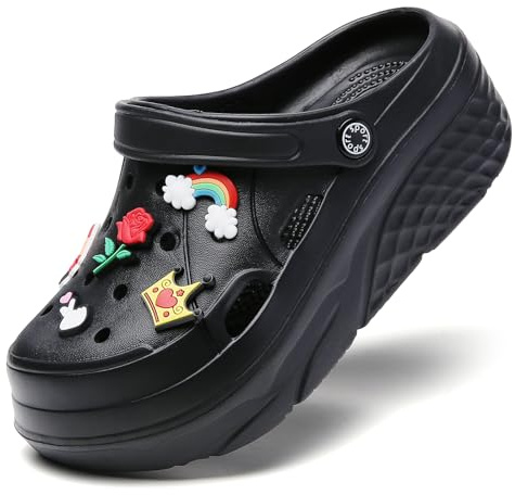 Platform Clogs pour Dames Sabots de Loisirs et vêtements de Sport Tongs de Sanitaire avec Charms Chaussons de Wedge Noir,37