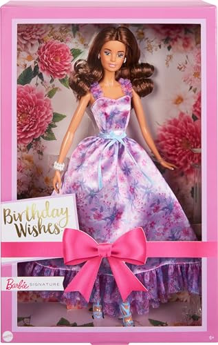 Barbie Bambola Signature Birthday Wishes, da collezione in abito lilla satinato con capelli castani ondulati e confezione da regalo, HRM55