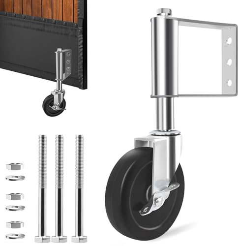 4 Inches Gate Wheel with Brakes, Heavy Duty Spring Loaded Gate Rubber Castor Wheel Swivel Gate Wheel for Fence Wooden Gate, Ageing Resistance Universal Mount Gate Caster for Yard Fence