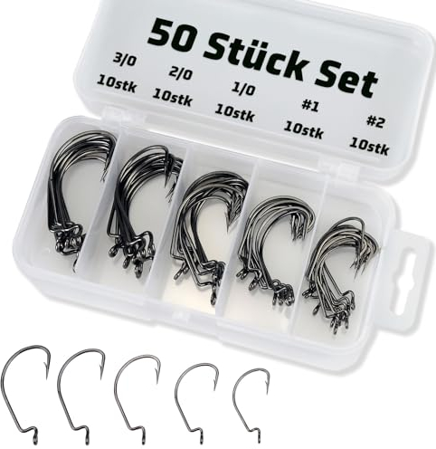 Piscorush Offset Wurm Jig Haken Barsch Angelhaken 3X-Stark Hartstahl Wurmhaken Weiche Köder Jigging Fischhaken Barsch Forelle (50stk Set