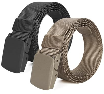 Heshebuy 2 Pieces Nylon Canvas Belt for Men and Women Commuter All-match Automatic Buckle Belt Outdoors, Military Tactical Belt For Leisure Sports (Black+Beige)