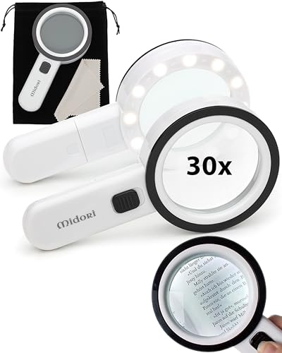 Midori Lupe mit Licht & 30-facher Vergrößerung | Leselupe mit 12 LED-Lichtern für Senioren, Kinder, Juwelier | Handlupe mit kratzfestem Doppelglas