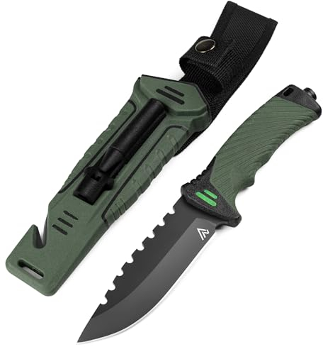 Naifu Hunter X 6‑en‑1 – Couteau de survie à lame fixe 12 cm, allume‑feu, aiguiseur, sifflet, brise‑vitre et coupe‑corde intégrés, étui – bushcraft/camping