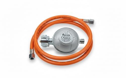 Gazcamp Flexibles Schlauch-Regler Set für Grills, Heizungen & Strahler an 3kg, 5kg, 11kg Propangasflaschen. 150cm Schlauchlänge, 50mbar Druck für optimale Leistung.