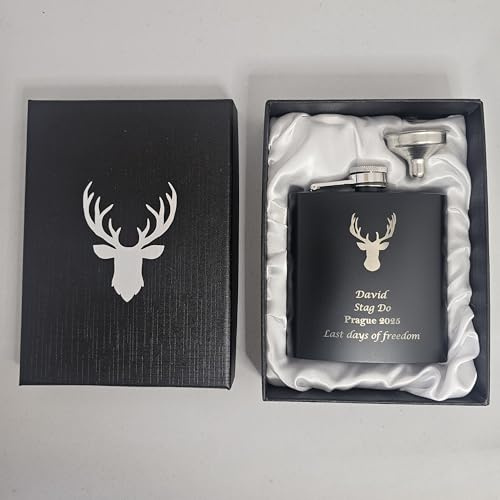 Personalised Stag Hip Flask - Deer/Elk Antler Design Engraved 6oz Stainless Steel flasks - Stag Do/Wedding Gifts