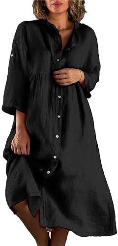 DGCUPODE Festes Hemdkleid mit Knöpfen für Damen 3/4 Ärmel Baumwolle Leinen Maxikleider Lässiges, langes Strandkleid (Schwarz,4XL)