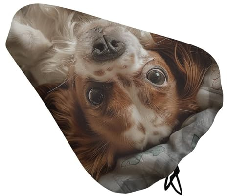 Brown and White Dog Bike Seat Cover Waterproof Bicycle Seat Cover with Drawstring Adjustable Bike Seat Cushion Extra Soft Bike Cushion Seat Protector for Rainproof Dustproof