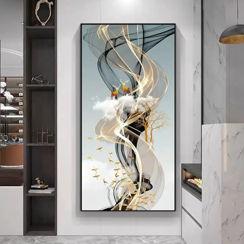NXMYDBD Leinwand-Poster mit goldenem Hirschbaum im nordischen Stil, Wandkunst, moderne Leinwandgemälde für Ihr Wohnzimmer, Heimdekoration, 50 x 100 cm, ungerahmt