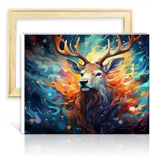 LiHEQING Ölgemälde mit Hirsch in Fantasiefarbe, Pigment auf Leinwand, Gemälde für Erwachsene, Bild für die Wanddekoration zu Hause, Geschenke mit Rahmen (40 x 50 cm)