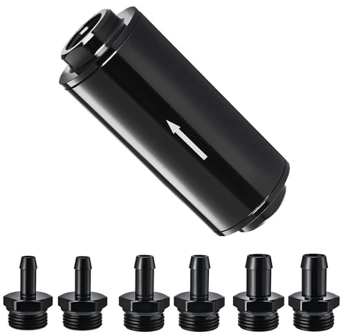 EVIL ENERGY Inline Fuel Filter 100 Micron with Barb 1/2, 3/8, 5/16 Fitting Adapter 50MM Universal Aluminum Black, for Gasoline, Diesel, Rubber Fuel Line, Car EFI & Carb Fuel Systems