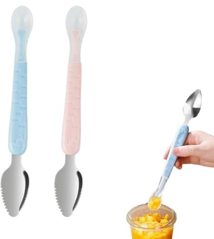 Cucchiaio Silicone Neonato, 2 pezzi Cucchiaio Silicone BPA Free, Posate Pappa Neonato Cibo, Taglia Frutta Completamento Pasto per Bambino, Adatto Alla Lavastoviglie e Congelatore