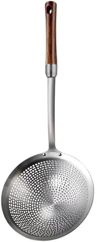 Cucchiaio da ascolare, mestolo per schiuma, 42,5 cm, in acciaio inox 304, cucchiaio per schiuma, scolapasta, mestolo con manico lungo in palissandro, per cucina, cucina, sgocciolare, arrostire