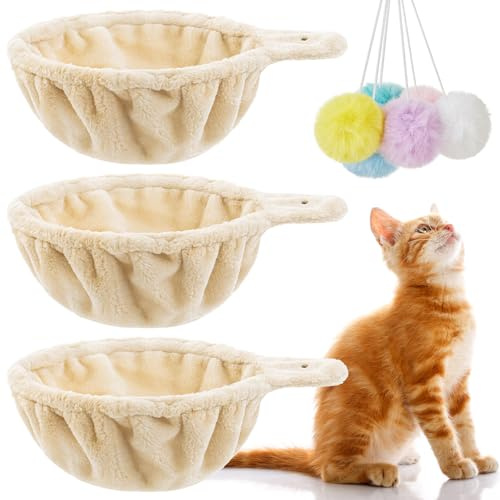 Dansydaisy 3 Pack 14.6 Large Cat Tree Hammock Basket Bed Lounger Tower Replacement Parts with 6 Pcs Hanging Elastic Strings Pom Pom Toys, Cat Tree Accessories Hammock Attachment (Beige)