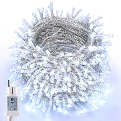 Joomer Luci Natale Esterno Bianco Freddo, 20M 200LED Luci Albero di Natale Adattatore, 8 Modalità Catena Luminosa Esterno Natalizia Decorazioni Timer Collegabile Impermeabile per Balcone Albero Festa