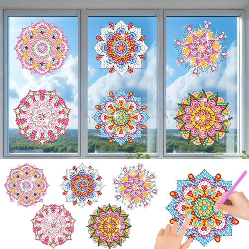 CAYUDEN DIY Diamantkonst Fönsterklistermärken för Vuxna, 6st Mandala Solfångare Återanvändbara Färgade Glasdekaler 5D Diamantmålning Statiska Fönsterklistermärken, Ädelstenshantverk Mosaikkit