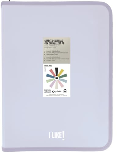 Grafoplas A4-ringpärm med A4+ dragkedjor, mjuk lavendel, 4 ringar 25 mm, inklusive plastkompressor, Like brevpapperskollektion, polypropylenmaterial, perfekt skolmaterial