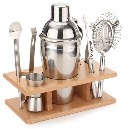 Stainless Steel Cocktail Shaker Set 8 Piece Bartender Kit with Wooden Stand for Home Bar Mixing Drinks (350ml/12oz)
