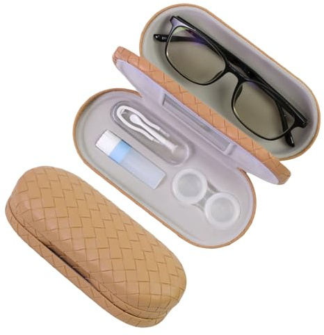 FlyingMage 2 in 1 Contact Lens Case and Eyeglasses Case for Women Men Kids, Double Sided Hard Shell Portable Glasses Travel Holder with Built-in Mirror, Contact Lens Box Storage Kit, Coffee