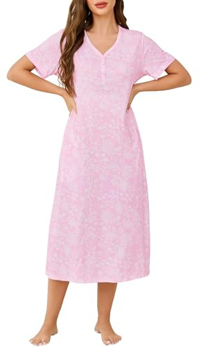 Lovasy Women's Nightdresses & Nightshirts Long Cotton Nightdresses for Women UK Button V Neck Nighties for Women Soft Night Dress Women UK Loose Fit Ladies Nighties with Pockets,Pink Lace,XXL