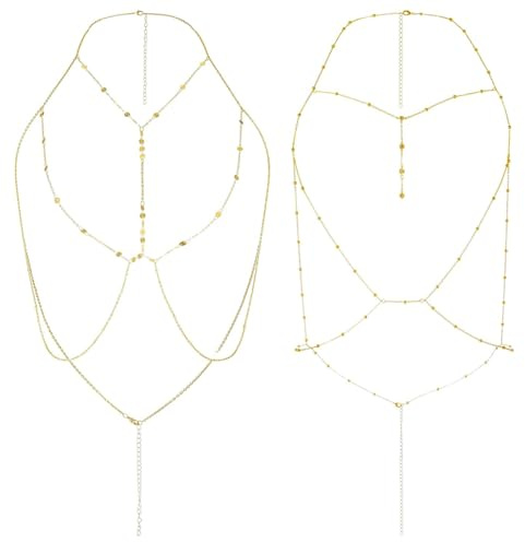 Chaînes de Corps Or Femme, 2 Pièces Collier & Double Chaîne de Taille, Sexy Bikini Harnais & Chaîne de Ventre, Bijoux Corporels Strass Mode, Accessoires Parfaits Été & Plage Femmes Filles