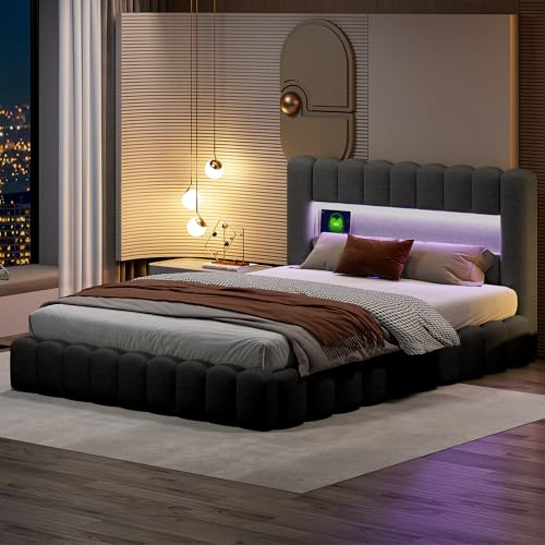 BSCFHCZ Letto King Size 180x200 con Contenitore Idraulico, Letto Imbottito con LED e USB, Struttura Letto Matrimoniale Grande con Testiera Portaoggetti, Grigio (Senza Materasso)