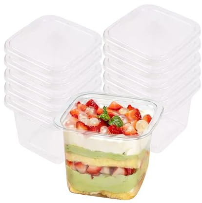 Dessertbecher mit Deckel, 50 Stück Quadratische Dessertbecher Transparenter | Parfait Vorspeisenbecher Dessertschalen Wiederverwendbar Dessertbecher Eckig Plastik für Tiramisu Desserts Pudding Mousse