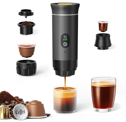 Gubbett Macchina da Caffè Portatile, 3 in 1 Caffettiera per Espresso con Riscaldamento Elettrico, Ricaricabile, per Camping e Auto, Riscaldamento Rapido, Compatibile con Capsule K-Cup e Caffè Macinato