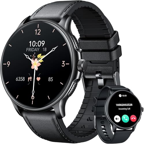 Montre Connectée Homme Smartwatch Sport: Repondre Appel 1.43 AMOLED Tactile Étanche Écran Bracelet Connectee avec Moniteur de Sommeil Fréquence Cardiaque Fitness Tracker pour iOS Android (cuir)