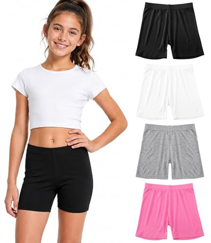 SCCGKP 4 Pack Girls Cycling Shorts Comfortable Dance Bike Gymnastic PE Shorts Breathable Under Dress Leggings for Teen Kids Age 4-14