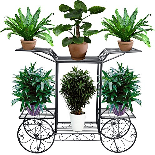 FullBerg Schwarz Pflanzenregal Metall mit 6 Ablagen, Blumenregal Balkon für Pflanzen und Blumenampel, Blumenständer für Innen- und Außenbereich, Pflanzenhalter Wohzimmer Blumenwagen Pflanzenständer