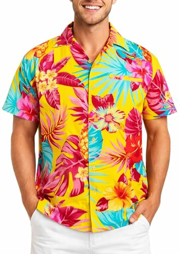 King Kameha Funky Hawaii-skjorta för män, kortärmad, frontficka, Hawaii-tryck, ananas, palmer och blommor, GUL, XS