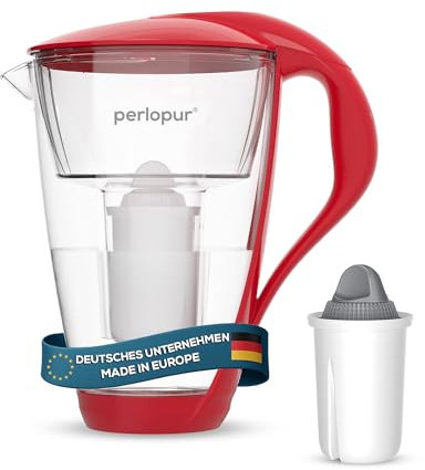 perlopur® Glas-Wasserfilter (rot) +1 Filterkartusche Protect+ | Borosilikatglas, 2 l gesamt, 1 l gefiltert, LED-Anzeige, für classic Kartuschen, für sehr hartes Wasser, starke Entkalkung
