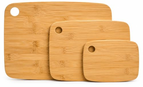 3 x Planches à Découper en Bois de Bambou Naturel – Planche Cuisine Résistante et Durable – Set Antibactérien Multi Tailles pour Viande, Fruits, Légumes, Pain et Fromage