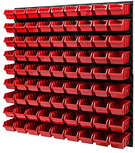 PAFEN Wandregal Stapelboxen - 772 x 780 mm – 81 Stück Boxen Werkstatt Lagersystem Schüttenregal (Rot)