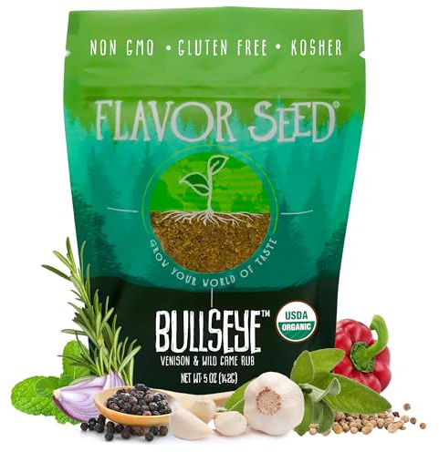 Organic Wild Game Rub - Bullseye by Flavor Seed, Premium Seasoning for Venison, Elk, Duck, and More, Meat Seasoning Gift for Hunters, Gluten-Free, Non GMO, Keto Friendly, 5oz Resealable Pouch