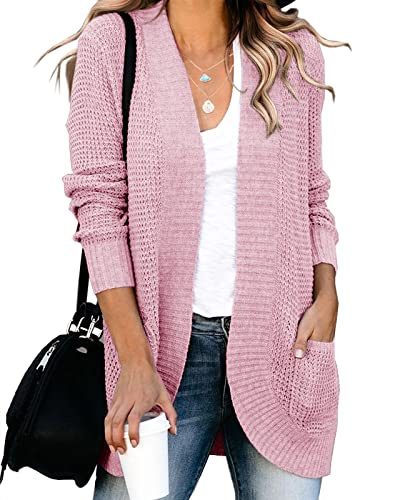 Saodimallsu Dam lös öppen framsida cardigan långärmad ledig lätt mjuk stickad tröja kappa med fickor (stor, blå), Rosa, M