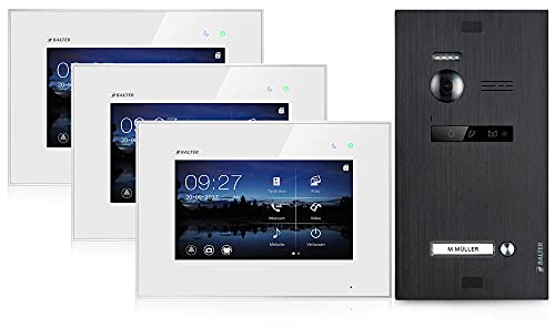 Balter EVO Video Türsprechanlage, Touchscreen, 3X 7 Zoll Monitor, 2-Draht Bus, Türstation für Einfamilienhaus Türklingel, 150° Weitwinkel-Kamera, Weiß-Schwarz